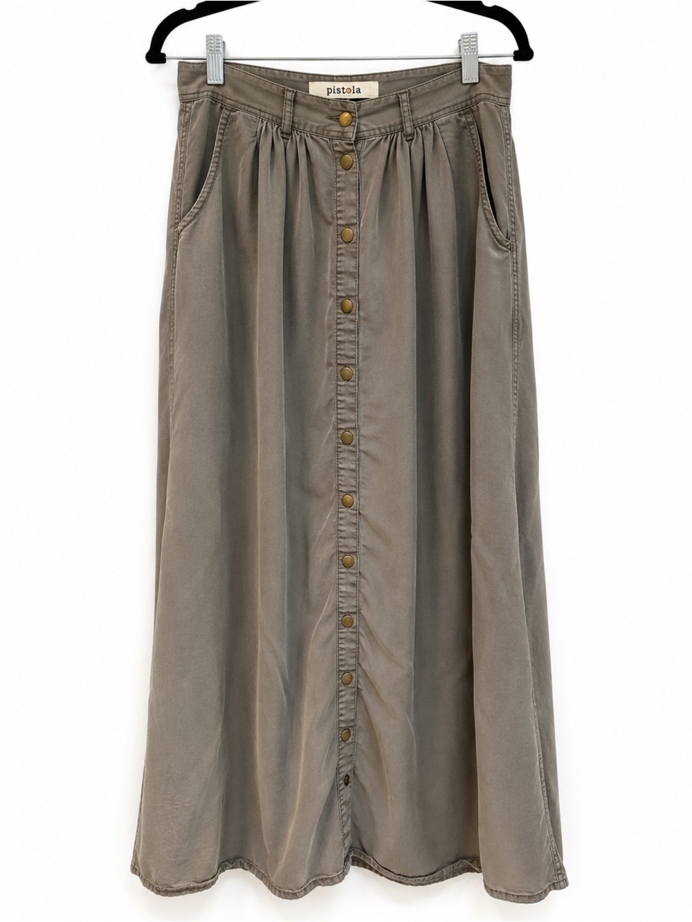 Pistola 100% Tencel Button Front Maxi Skirt Taupe Military Green Small